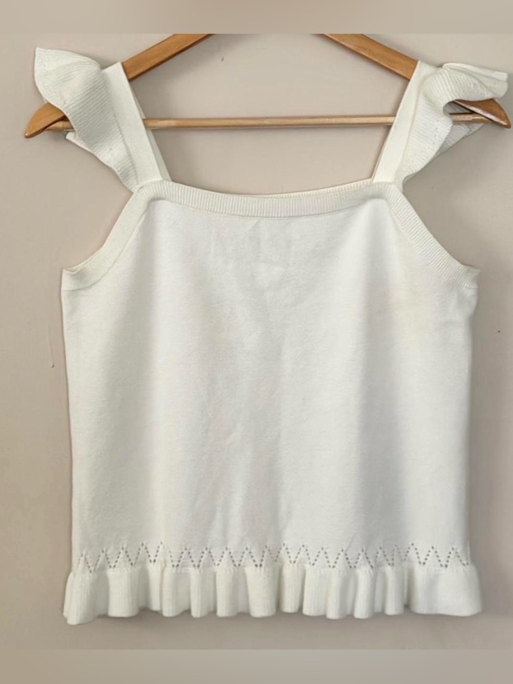 LOFT (S) flutter sleeve Pointelle White sweater square neck line knit tank top
